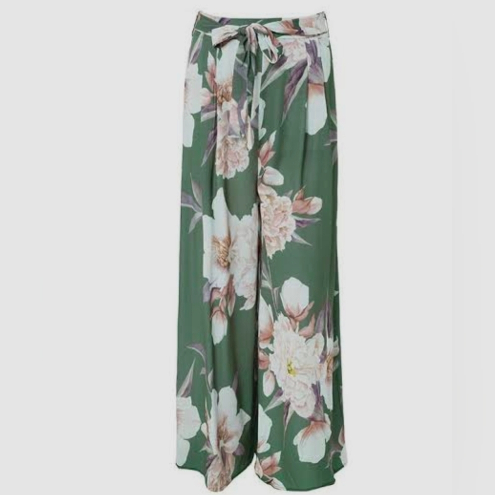Olive Green Floral Wide-Leg Pants with Self-Tie Waist